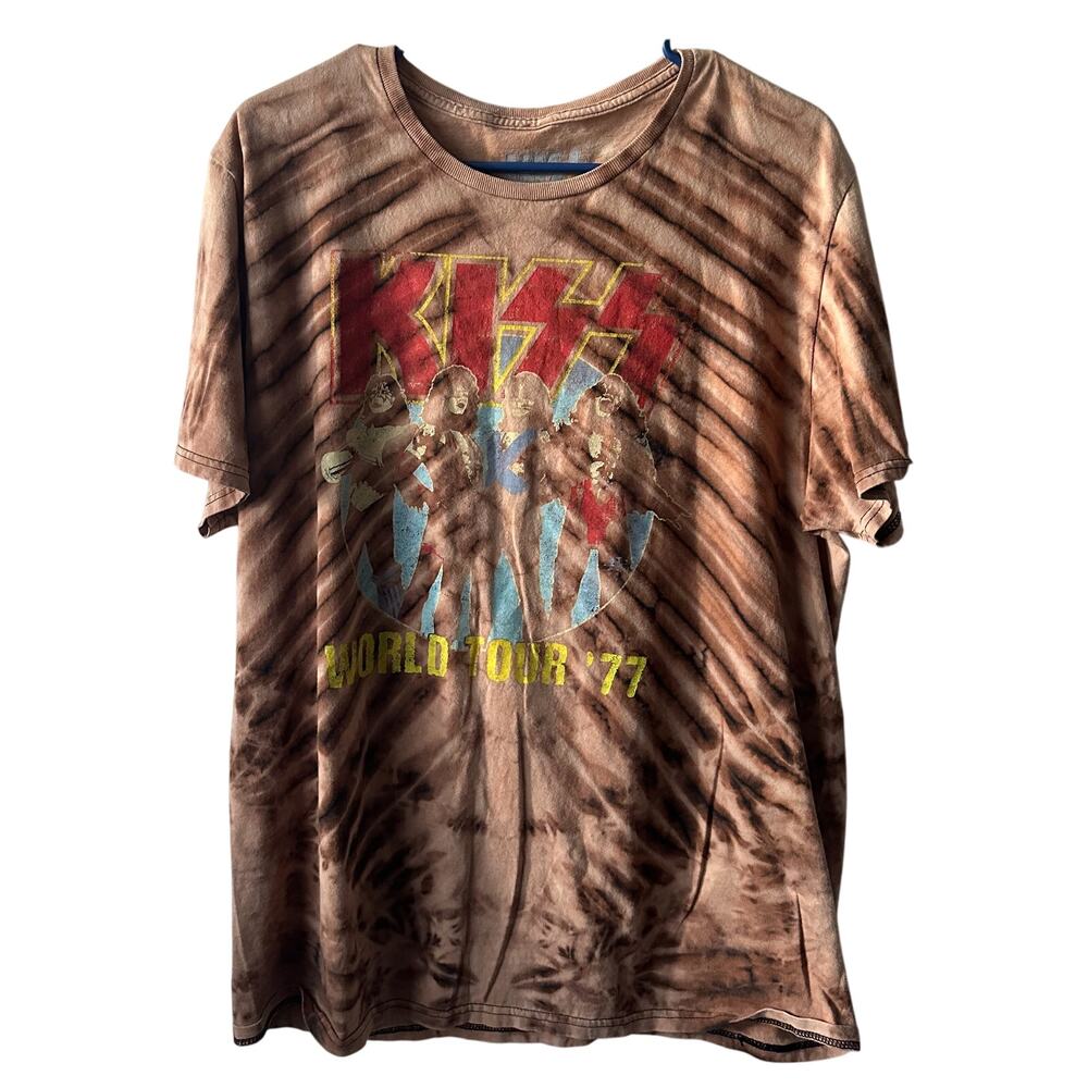 KISS World Tour '77 Brown Tie Dye Acid Wash T-Shirt LARGE Vintage RARE